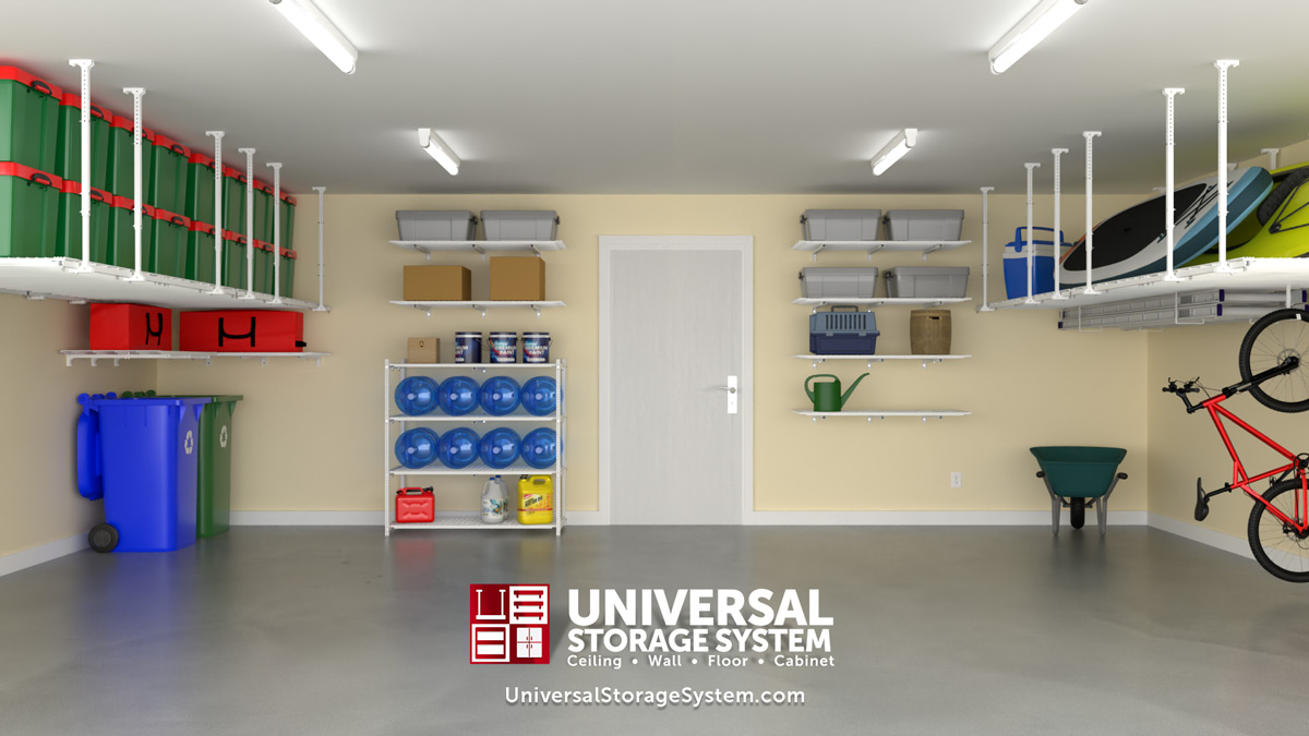 Comprehensive view of a garage equipped with Universal Storage System solutions