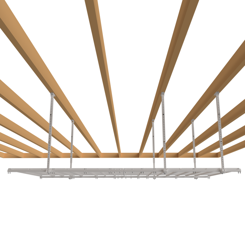 Ceiling storage system showcasing triple truss support for enhanced safety and stability